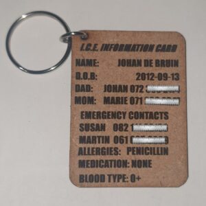 I.C.E emergency contact tag for school bags/Handbags/back packs